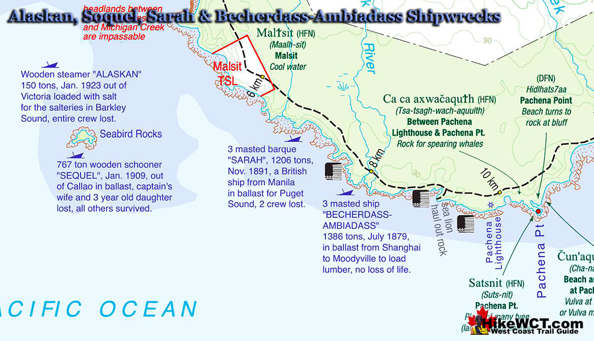 Alaskan, Soquel, Sarah and Becherdass Shipwreck Map