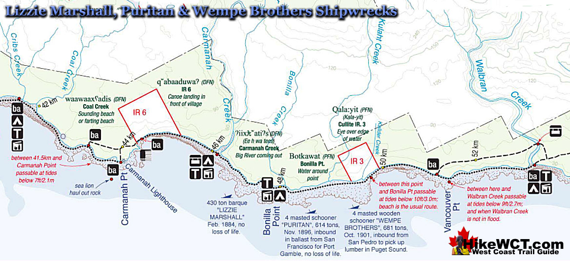 Shipwrecks Map Lizzie to Wempe West Coast Trail